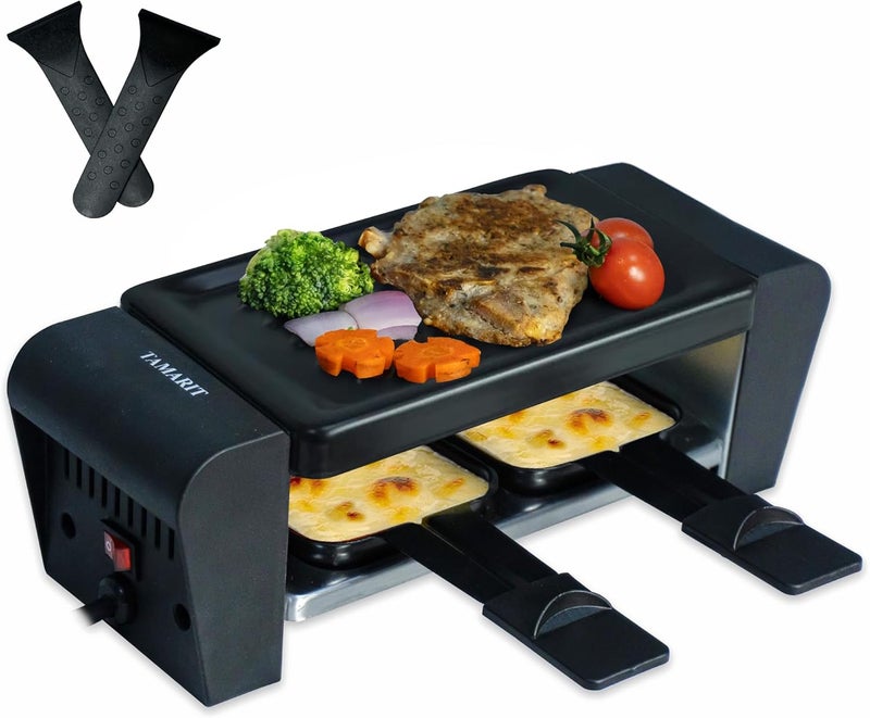 Tamarit Raclette Grill for 2 Person, Compact Indoor Electric Korean BBQ 450W Portable Tabletop Grill with Non-Stick Iron Plate and 2 Cheese Pans Ideal for Small Kitchen or Apartment, Black Small - Image 1